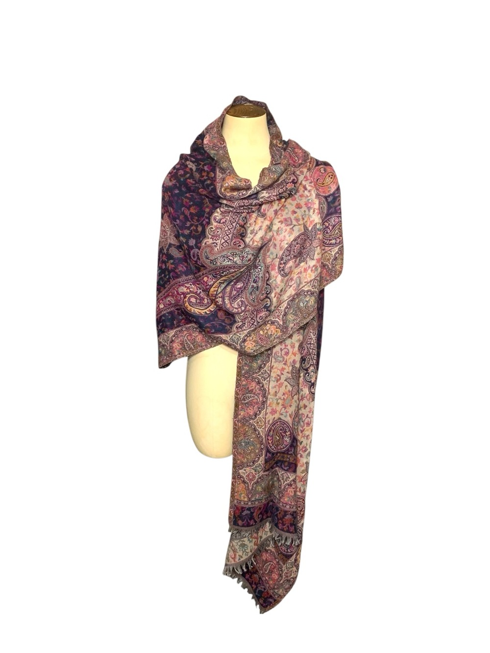 Paisley Woven Scarf Wrap Purple Cream Rectangle Fringed Shawl 28"X80" Reversible - Picture 2 of 11